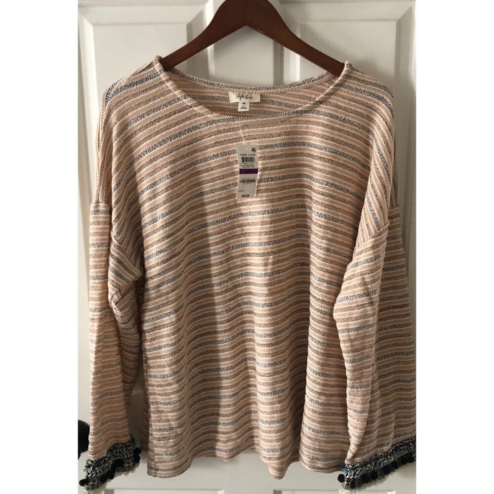 NWT Style & Co. Boho Sweater Womens Peach and Gray Pompom Sleeves Size XXL